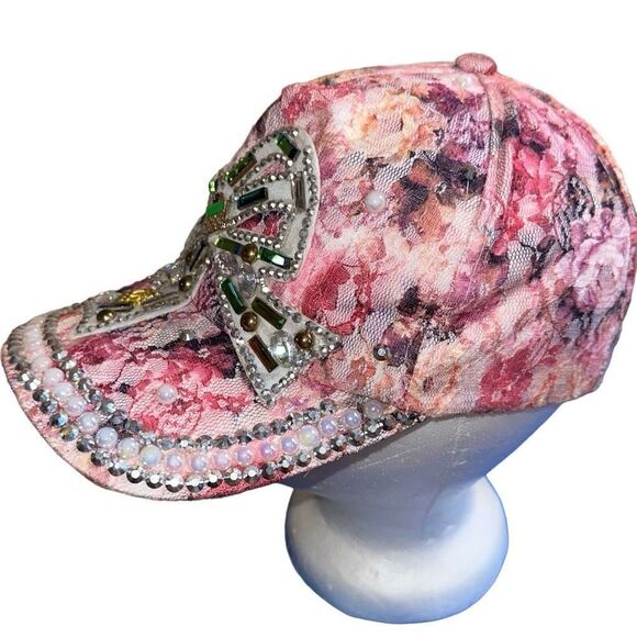Leader LOGA distressed embellished hat crystal cross flower pattern  denim - Picture 2 of 7
